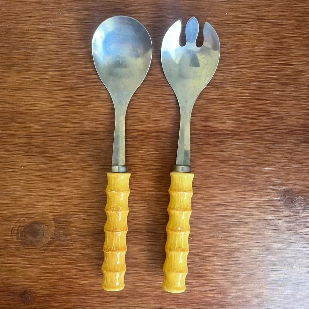 Vintage Avon Stainless Steel Salad Server Spoons w Bamboo Style Handle